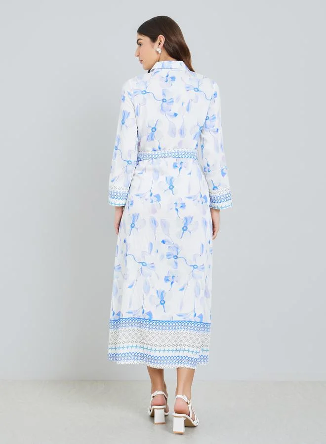 Styli  Women Blue Floral Print Collared A-Line Maxi Dress for Women | Best Price UAE